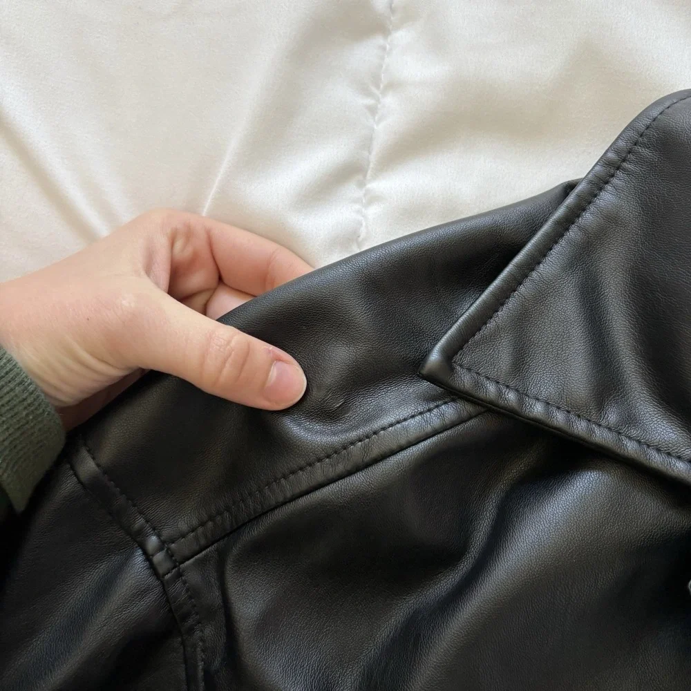 Womens XL Faux Leather Cropped‎ Black Jacket Quiet Luxury Preppy Biker Grunge